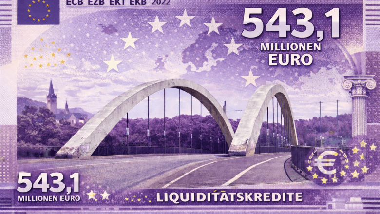 Das Bild zeigt eine virtuelle Banknote im Wert von 543,1 Millionen Eurp.