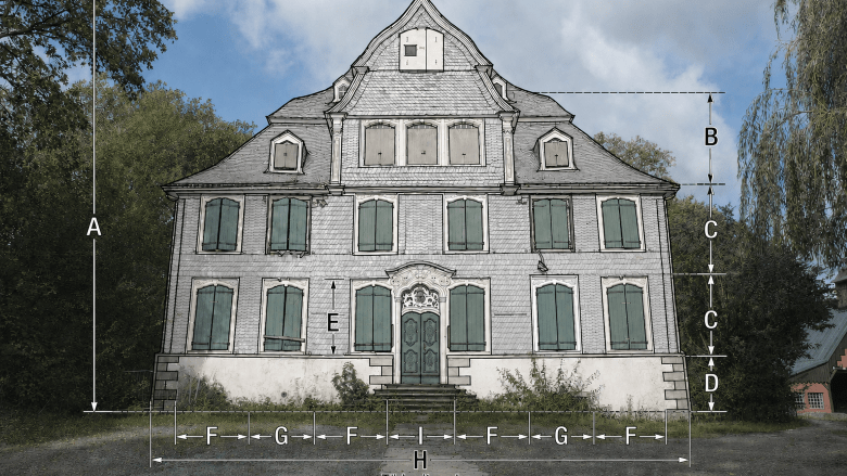Das Bild zeigt Haus Harkorten mit Hilfslinien, die von ChatGPT erzeugt wurden.