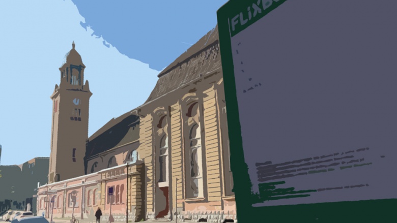 Entwicklung am Hauptbahnhof positiv Das Bild zeigt die Fernbushaltestelle mit dem Uhrturm des Bahnhofes künstlerisch verfremdet.