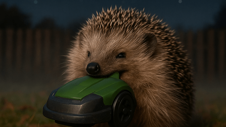 Das KI-generierte Bild zeigt einen Igel mit einem Mähroboter im Maul.