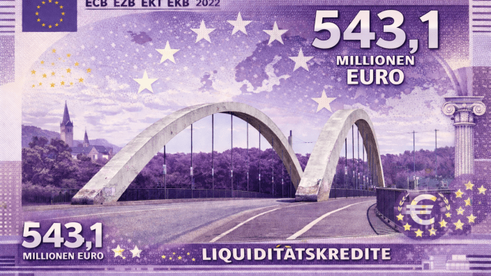 Das Bild zeigt eine virtuelle Banknote im Wert von 543,1 Millionen Eurp.