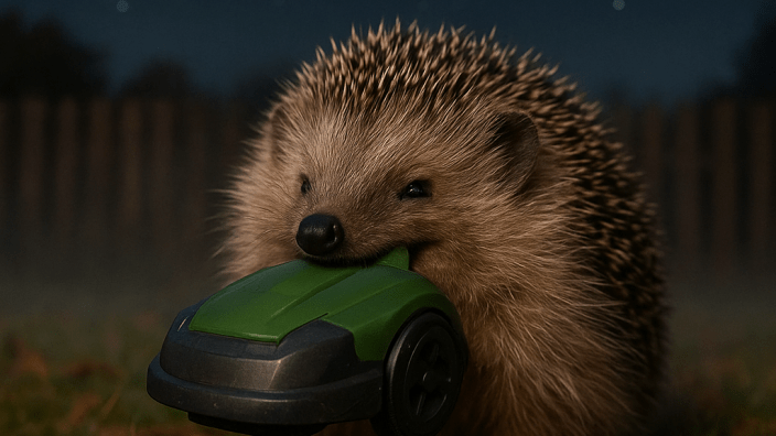 Das KI-generierte Bild zeigt einen Igel mit einem Mähroboter im Maul.