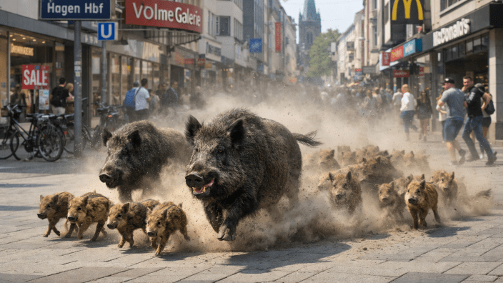 Das BIld zeigt eine Wildschweinrotte durch eine virtuelle Standlandschaft rennend.