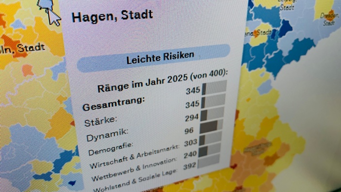 Das Bild zeigt den Kartenausschnitt Hagen der interaktiven Karte der Prognos-Studie "Zukunftsatlas 2025"